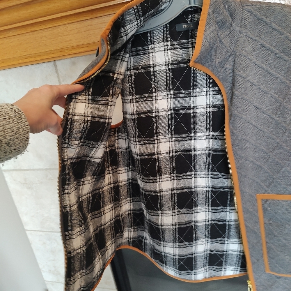 THML Croquet Style Quilted Sweater Vest Small Gray Plaid Lined Pocket Full Zip - Picture 4 of 9